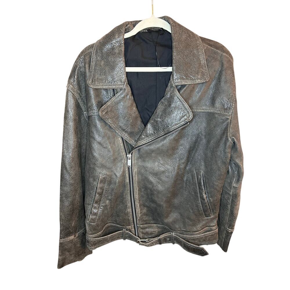 Nwt- ZARA MAN FADED REAL LEATHER VINTAGE BIKER JACKET STONE GREY SIZE M